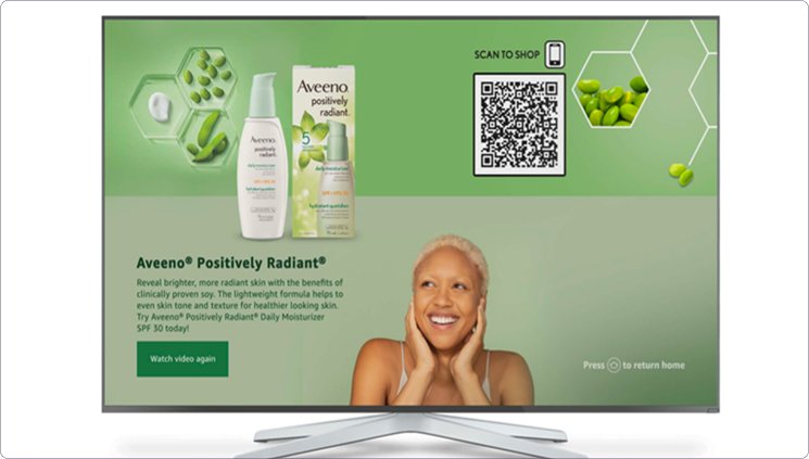 Aveeno interactive Fire TV landing page with product benefits and a scan-to-shop QR code