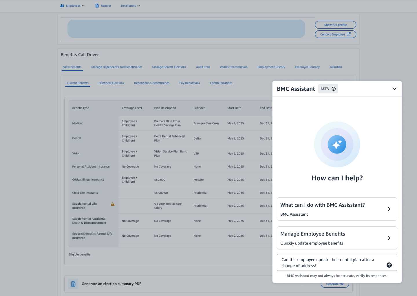 AI Assistant integrated into the benefits portal with intro state and suggested actions
