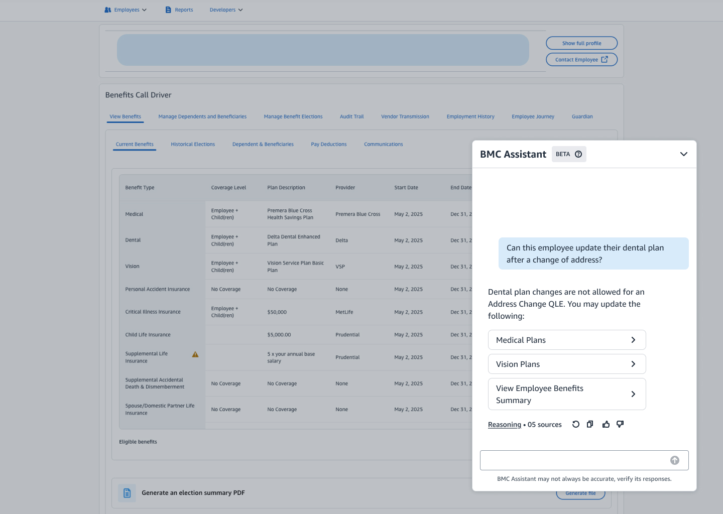 AI response with interactive suggestion links and source attribution