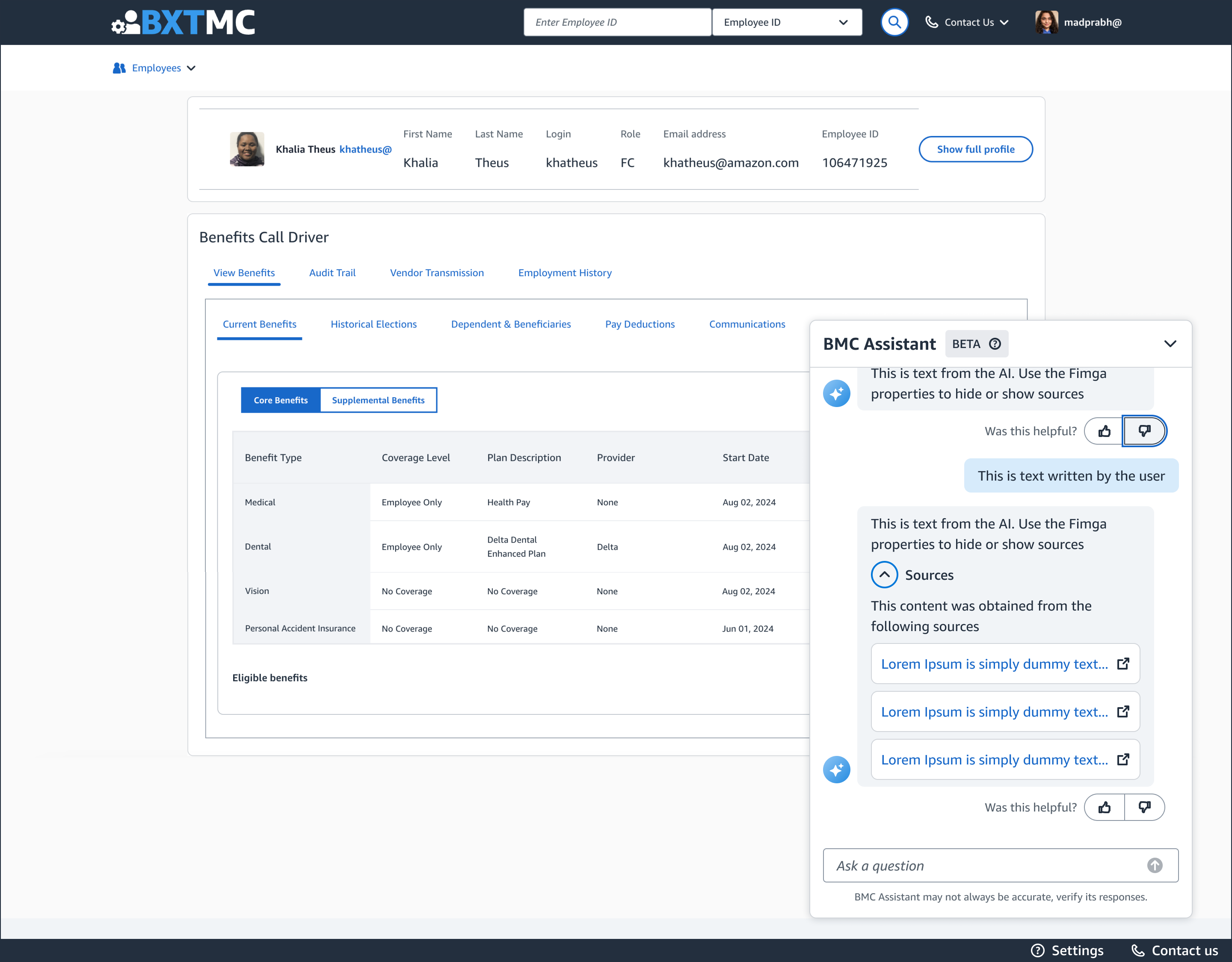 Conversation flow with feedback controls and expandable sources