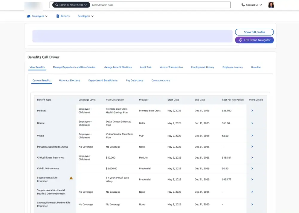 An early desktop admin record, looping. A Life Event Navigator button sits in the top corner above a panel listing every benefit, its coverage level, plan, provider, dates and cost. Pressing it opens an assistant panel over the record showing rule references, an enrollment window and the coverage changes allowed.