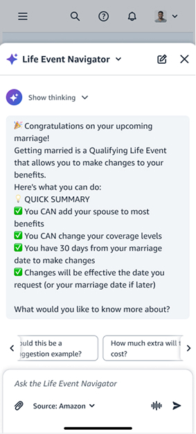 The assistant explains marriage is a qualifying life event, what can change, and the 30-day deadline, with a source attribution