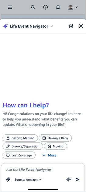 The Life Event Navigator opening state: How can I help, with life-event chips like Getting Married, Having a Baby, Divorce, Moving