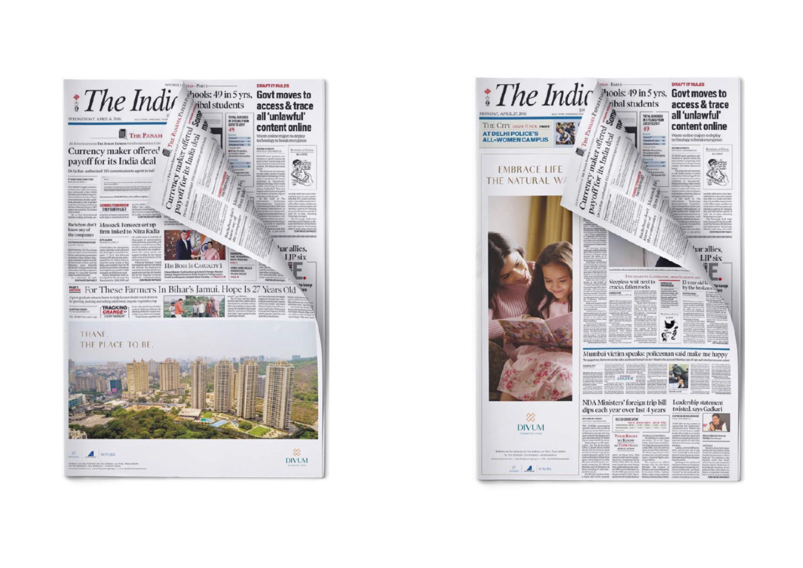Divum full-page press ads shown as folded corners of The Indian Express front page