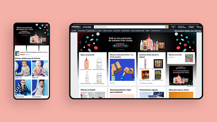 L'Oréal TikTok-themed Amazon Brand Store shown on a tablet and phone, with a #BEAUTYTOK hero