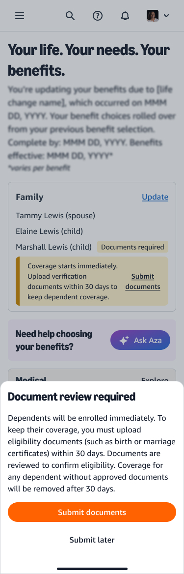 An early exploration: a bottom sheet titled Document review required slides up over the enrollment page, explaining that dependents are enrolled immediately and documents must be uploaded within 30 days, with Submit documents and Submit later actions