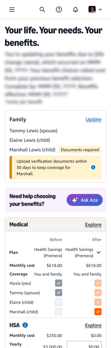 The enrollment page behind the sheet: the family list shows the spouse and children, with a Documents required tag and an inline amber note to upload verification documents within 30 days
