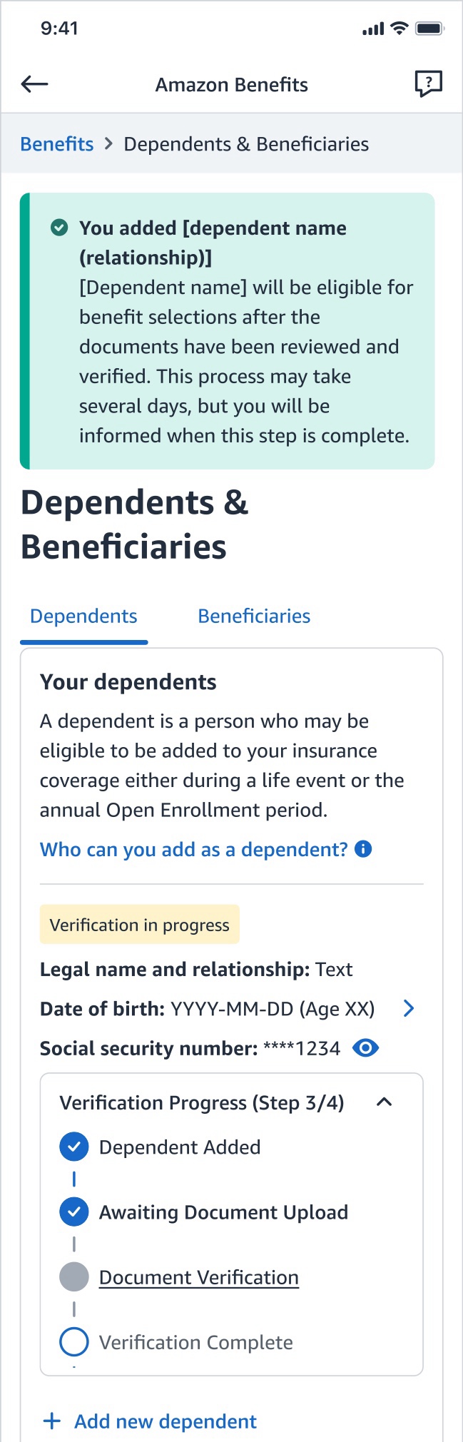 The same tracker exploration later on: a Verification in progress tag and the tracker advanced to Step 3 of 4, with Dependent Added and Awaiting Document Upload complete and Document Verification underway