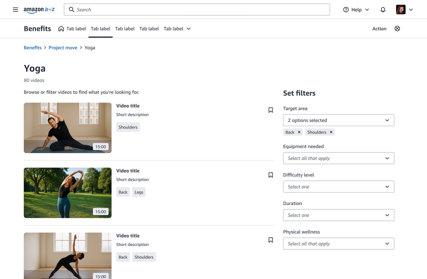 The Yoga category on desktop with filters applied: the filter rail on the right shows Target area with two options selected, Back and Shoulders, as removable chips, and every video in the list carries matching body-area tags