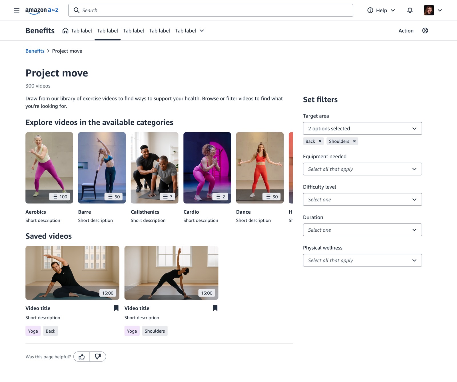 The same landing page on a return visit, now with a Saved videos row beneath the categories showing two saved yoga workouts with their tags, and two target-area filters still applied