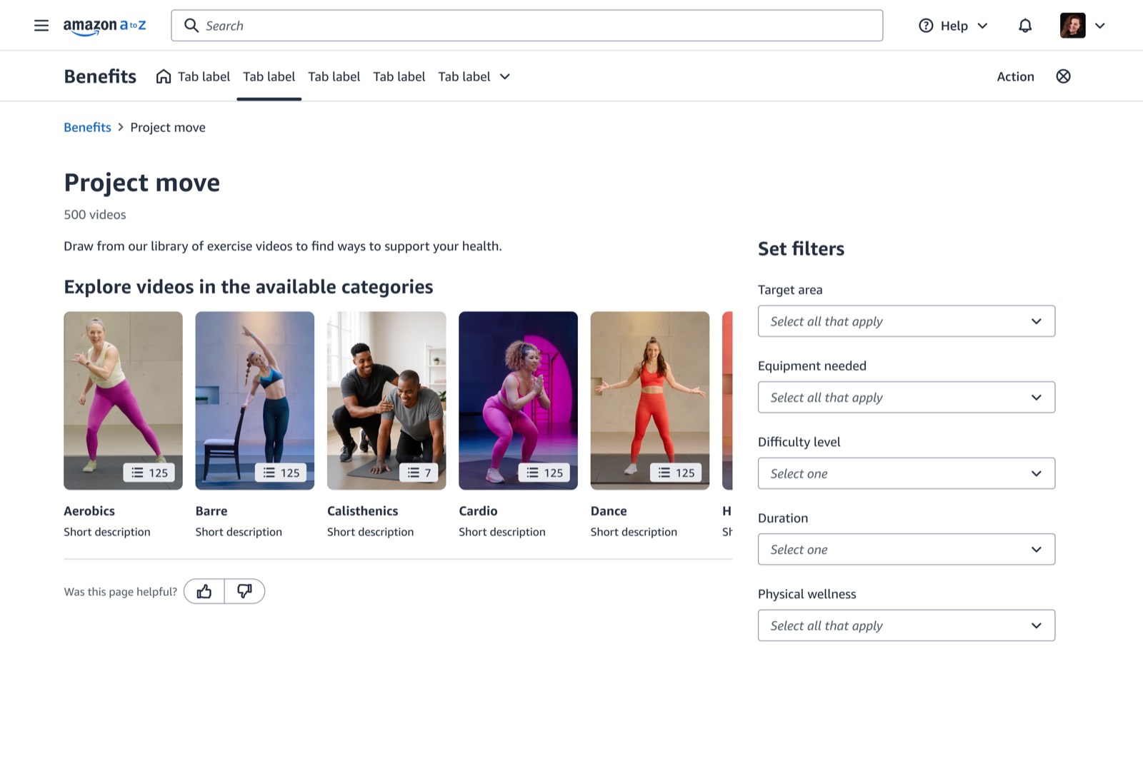 The exercise video library landing page on desktop for a first visit: 500 videos, a category carousel, and an empty filter rail with Target area, Equipment needed, Difficulty level, Duration and Physical wellness