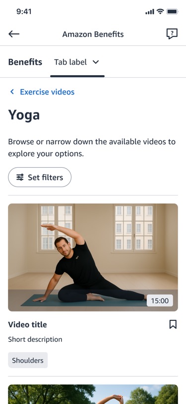 The Yoga category on mobile: a Set filters button above a list of videos, each with a duration badge, a bookmark control and tags for the body areas it targets such as Shoulders