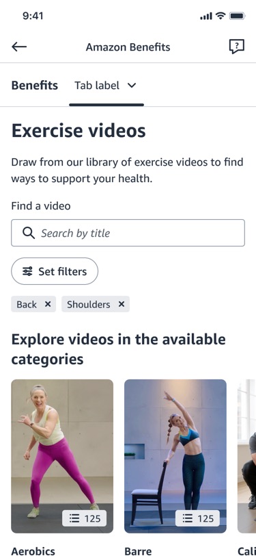 The mobile landing screen with a search field and two applied filters shown as removable chips, Back and Shoulders, above the category carousel