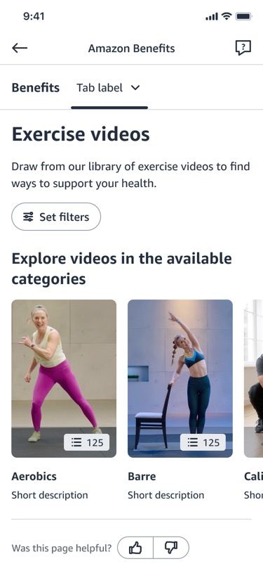 The exercise video library landing screen on mobile inside Amazon Benefits: an Exercise videos title, a Set filters button, and a carousel of categories including Aerobics and Barre, each card showing how many videos it holds