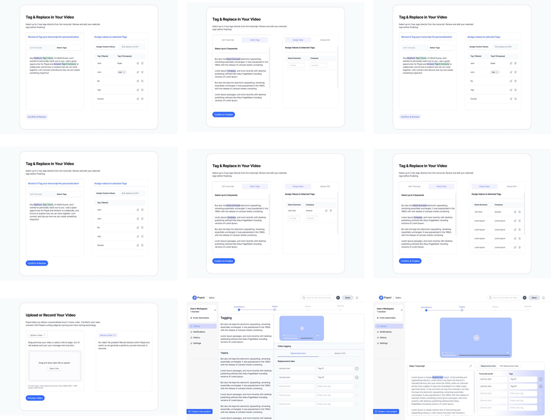 A working file of tag and replace layouts laid out in a grid: different arrangements of the transcript panel, the tag list, and the value-assignment table, including states with one tag versus two and custom values versus CSV upload