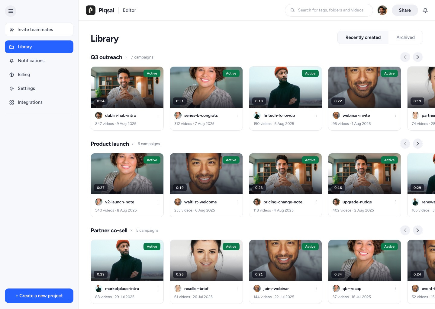 The Piqsal library: a left sidebar of workspace destinations above a Create a new project action, and the main area showing each project as a horizontal row of campaign cards, every card marked Active with its duration and creation date