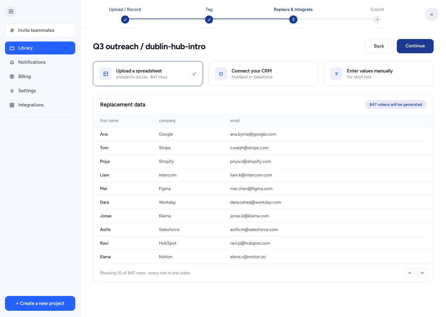The Replace and Integrate step: three entry cards for uploading a spreadsheet of 847 rows, connecting HubSpot or Salesforce, or entering values manually, above a Replacement data table of ten prospects with first name, company and email columns and a footer reading Showing 10 of 847 rows